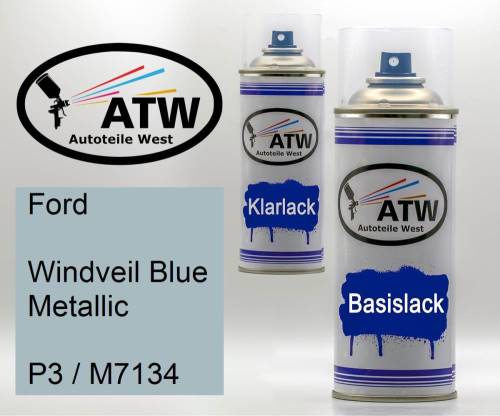 Ford, Windveil Blue Metallic, P3 / M7134: 400ml Sprühdose + 400ml Klarlack - Set, von ATW Autoteile West.